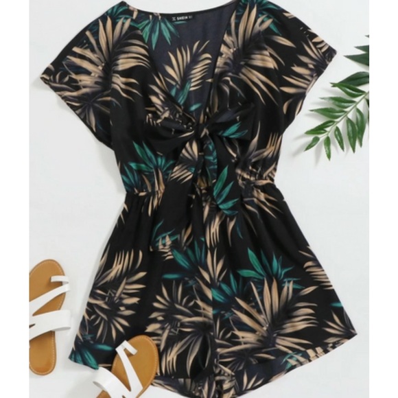 Tie Front Tropical Print Romper
